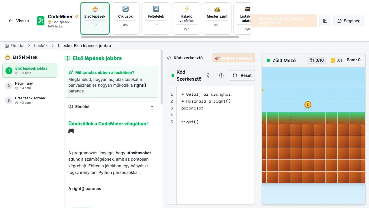 CodeMiner — Interaktív leckék