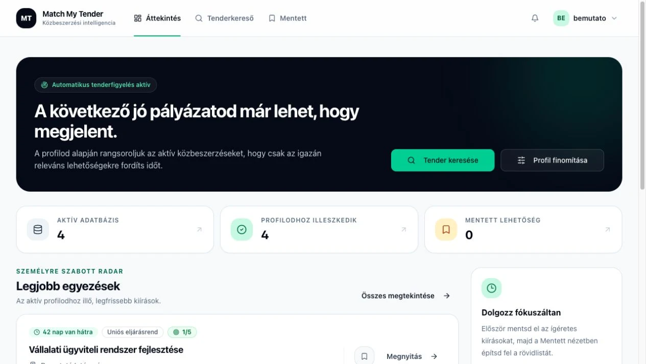 MatchMyTender — Személyes vezérlőpult