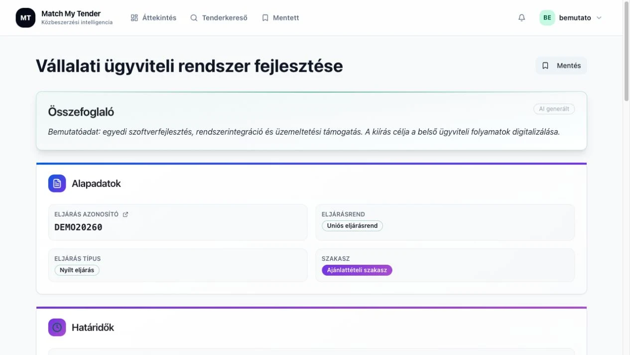MatchMyTender — Kiírás részletei