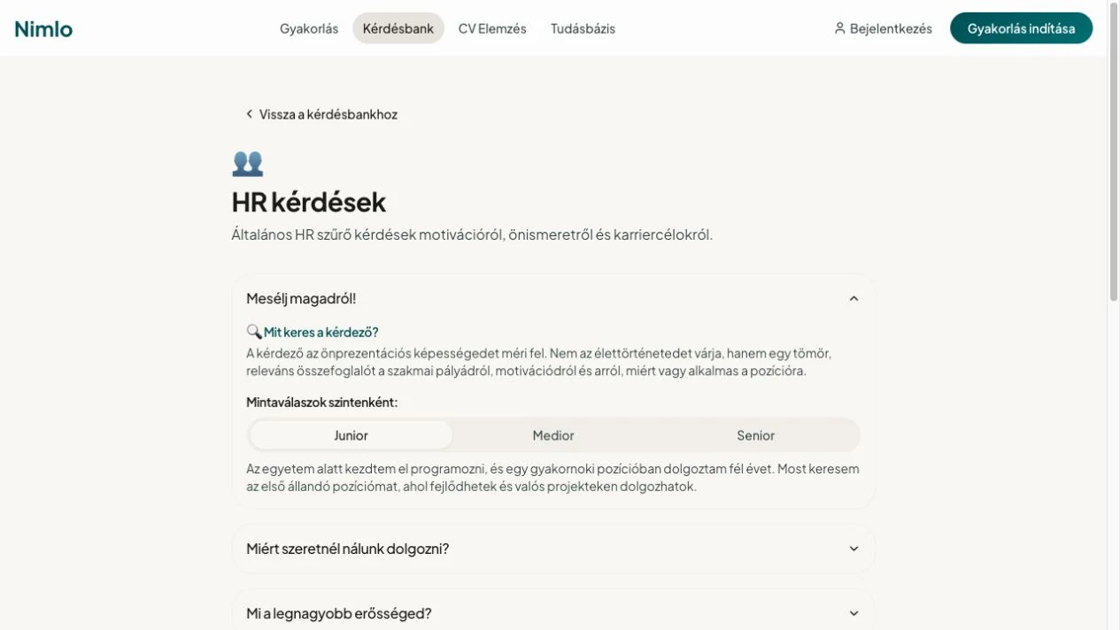 Nimlo — Mintaválaszok