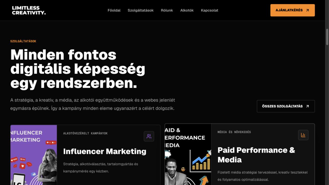 Limitless Creativity — Szolgáltatások a főoldalon